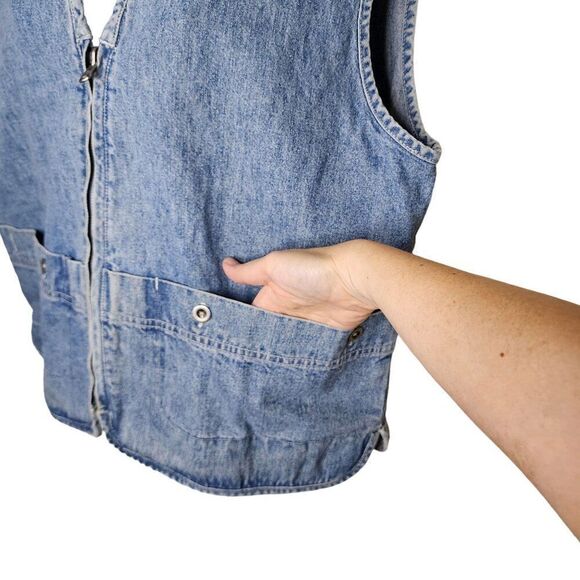 Vintage 80s Denim Vest Pockets Womens Size L Blue Zip Front - Picture 2 of 8